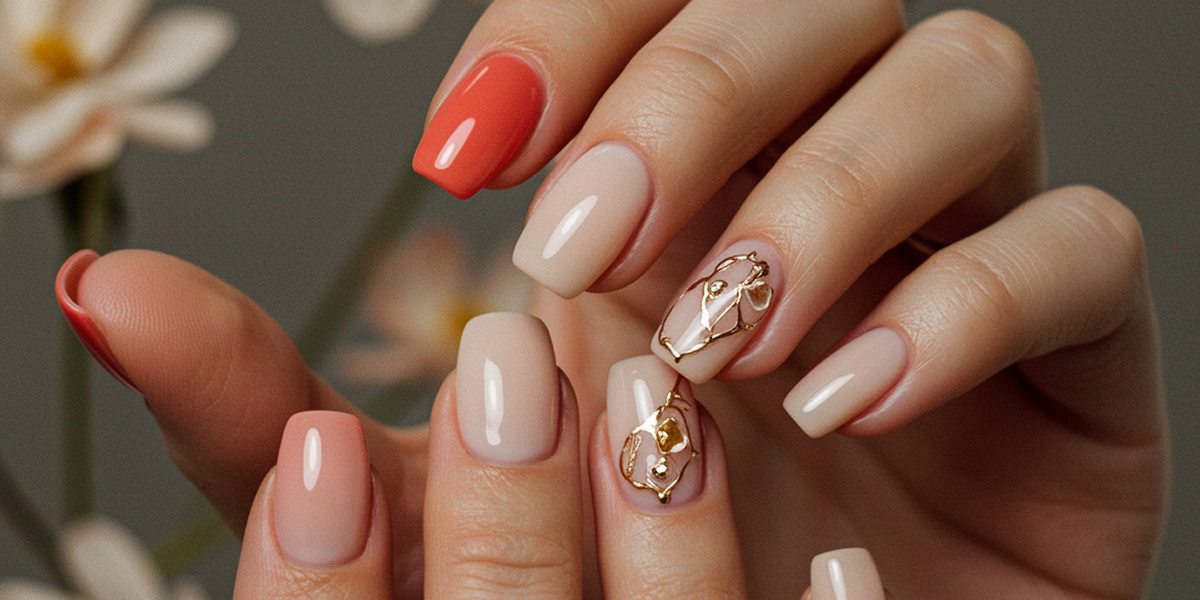 Couleurs ongles printemps 2026 : manucure nude et corail avec effet glossy et nail art doré élégant